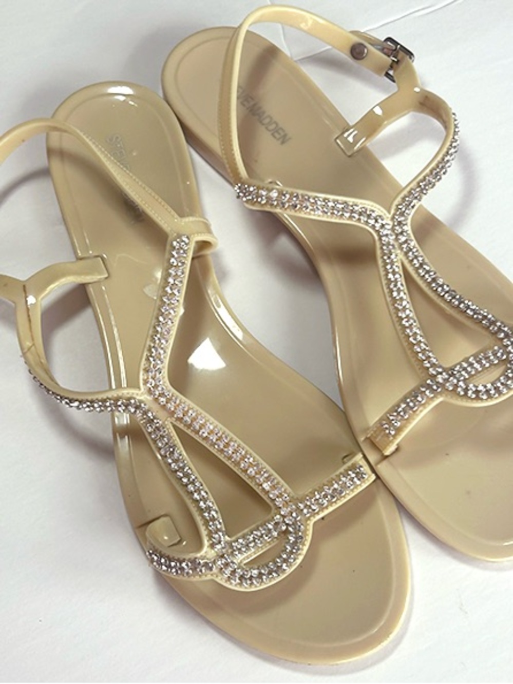 Steve Madden Cream T-Strap Sandals with Rhinestone Accent